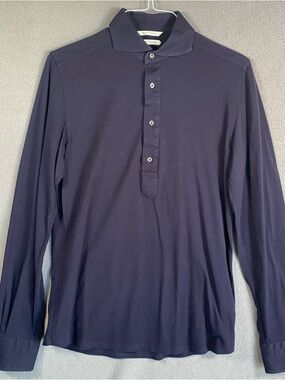 Suitsupply Polo Shirt Mens 39/40 Large Blue Extra Slim Fit Long Sleeve Cotton